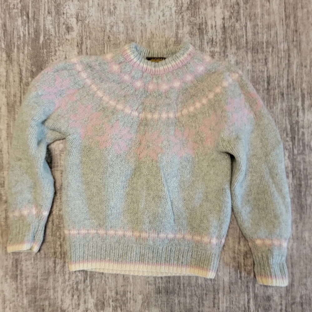 Eddie Bauer Pastel Grey and Pink Women's Sweater Vintage Size Large 100 Wool